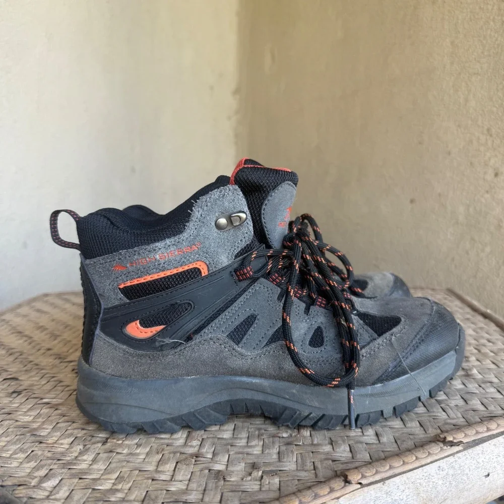 High Sierra Trooper Hiking Boots Boys 4 Grey Orange Suede Mesh Trail Gorpcore